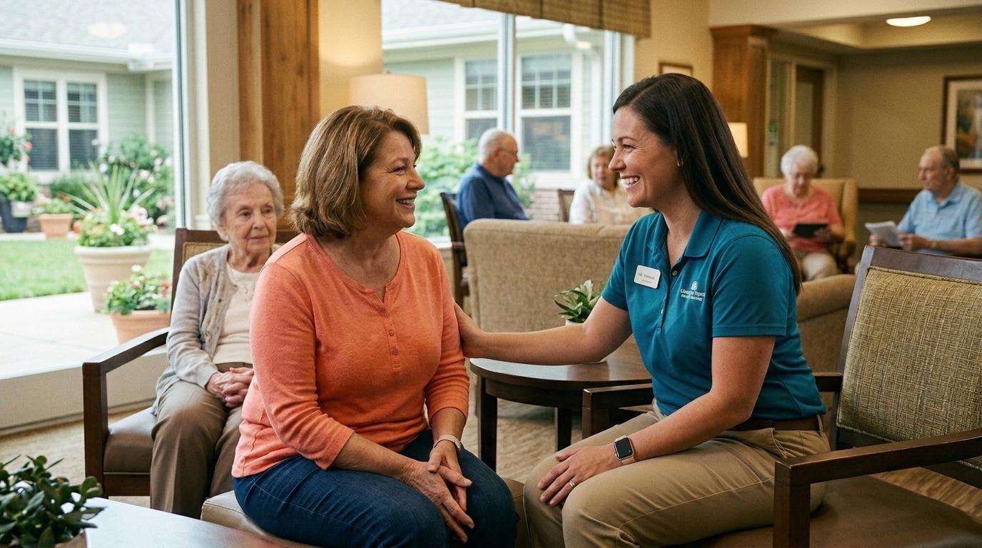 A senior living staff member speaks with a resident during a community tour.