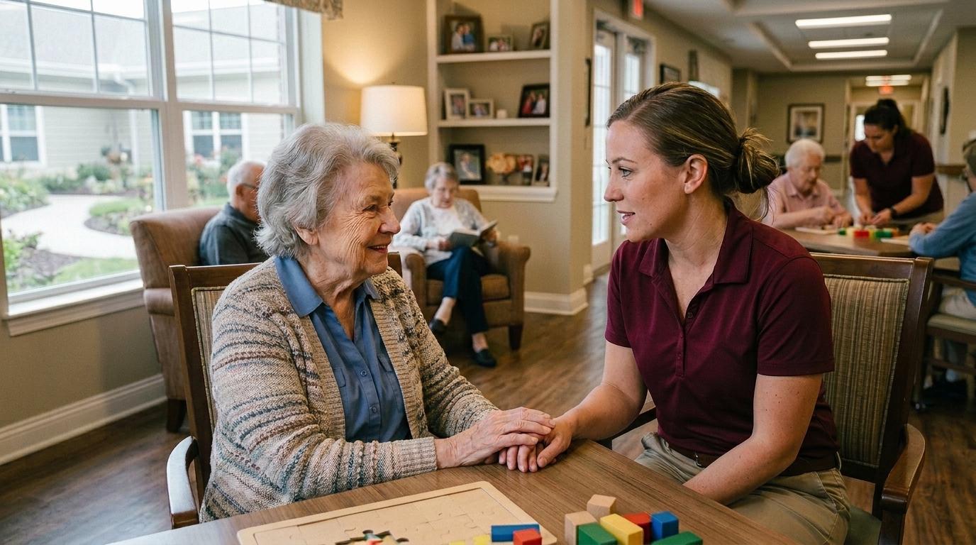 A caring memory care staff member sitting with an older adult resident, sharing a warm and supportive moment together.