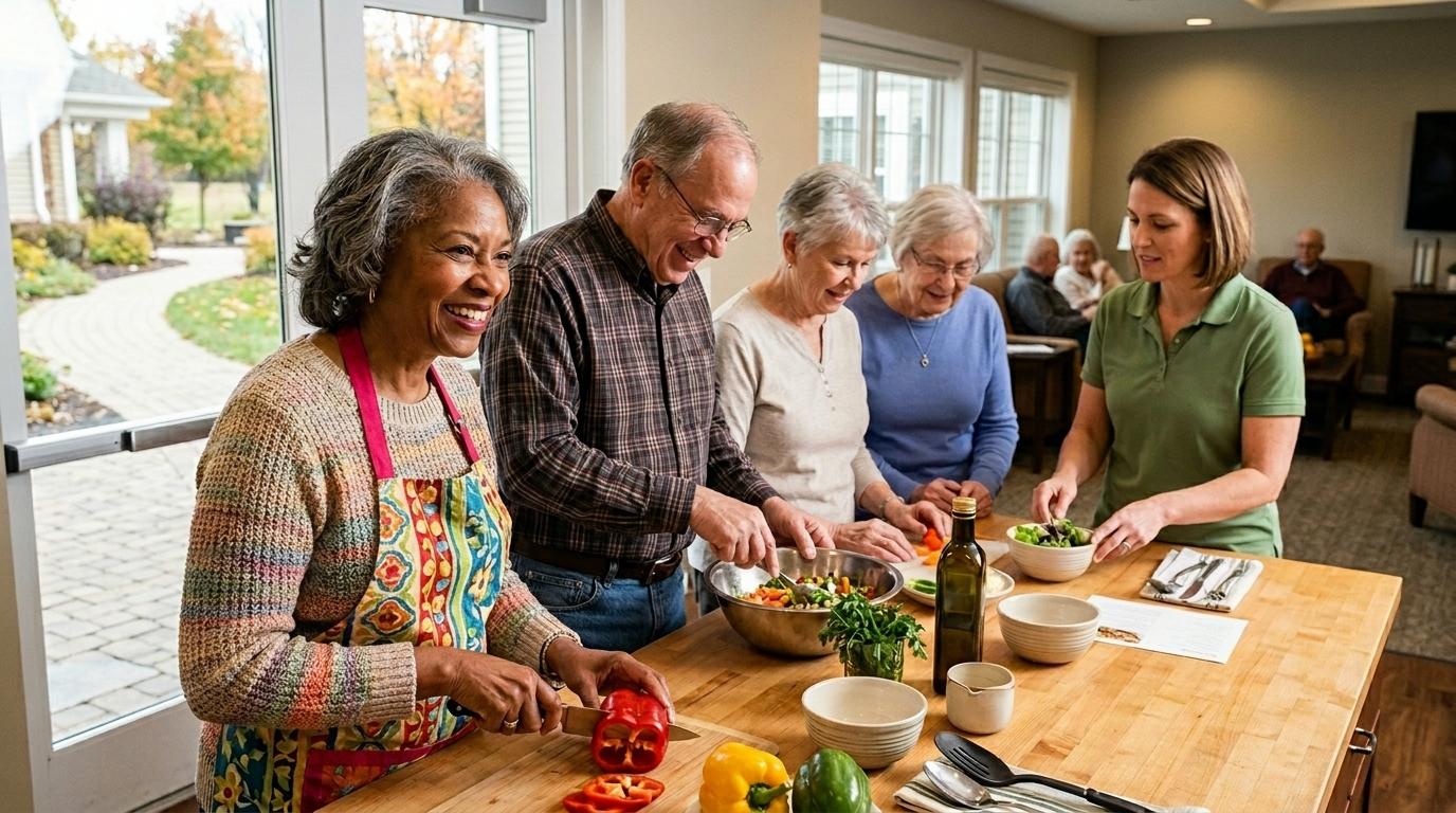 Seniors in assisted living preparing food together