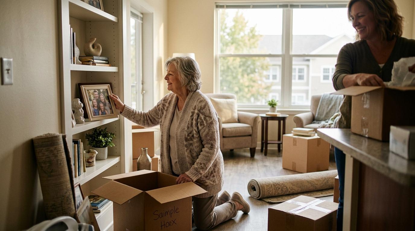 Neatly packed suitcase with clothing and essentials laid out, representing thoughtful moving preparation for senior living.